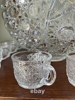 Vintage LE Smith Glass DAISY AND BUTTON Punch Bowl Set 18 cups