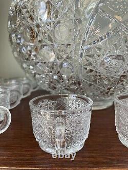 Vintage LE Smith Glass DAISY AND BUTTON Punch Bowl Set 18 cups