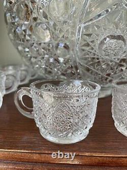 Vintage LE Smith Glass DAISY AND BUTTON Punch Bowl Set 18 cups