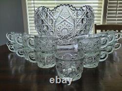 Vintage LE Smith Glass Daisy And Button Punch Bowl 17 Cups NICE