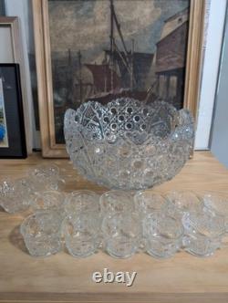 Vintage LE Smith Glass Daisy And Button Punch Bowl Set 12 Cups (2 Kind)