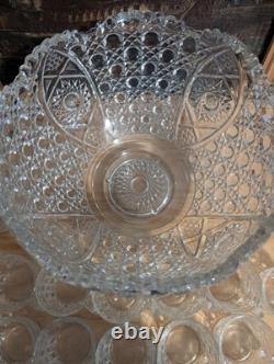 Vintage LE Smith Glass Daisy And Button Punch Bowl Set 12 Cups (2 Kind)