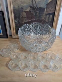 Vintage LE Smith Glass Daisy And Button Punch Bowl Set 12 Cups (2 Kind)