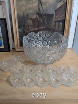 Vintage LE Smith Glass Daisy And Button Punch Bowl Set 12 Cups (2 Kind)