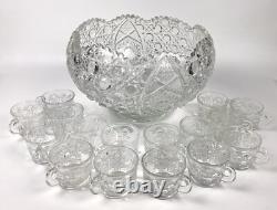 Vintage LE Smith Glass Daisy And Button Punch Bowl Set 16 Cups Glass Ladle