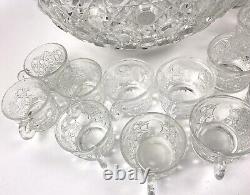 Vintage LE Smith Glass Daisy And Button Punch Bowl Set 16 Cups Glass Ladle