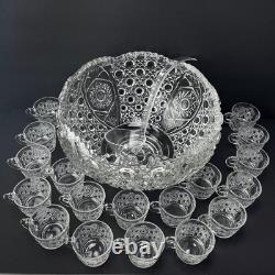 Vintage LE Smith Glass Daisy And Button Punch Bowl Set 18 Cups Plastic Ladle 13