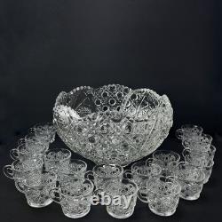 Vintage LE Smith Glass Daisy And Button Punch Bowl Set 18 Cups Plastic Ladle 13
