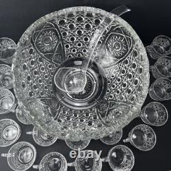 Vintage LE Smith Glass Daisy And Button Punch Bowl Set 18 Cups Plastic Ladle 13