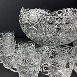 Vintage LE Smith Glass Daisy And Button Punch Bowl Set 18 Cups Plastic Ladle 13