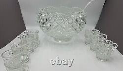 Vintage LE Smith Glass Daisy And Button Punch Bowl Set 24 Cups Box MCM