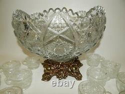Vintage LE Smith Glass Daisy & Button Punch Bowl Set with Metal Base, Cups & Ladle