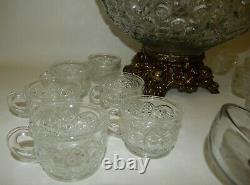 Vintage LE Smith Glass Daisy & Button Punch Bowl Set with Metal Base, Cups & Ladle