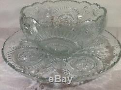 Vintage LE Smith Glass Pinwheel Punch Bowl Underplate & Cups Set