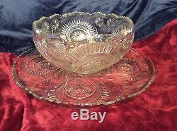 Vintage LE Smith Glass Pinwheel & Stars 2 Pc. Punch Bowl & Underplate Set