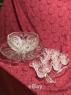 Vintage LE Smith Glass Pinwheel & Stars Punch Bowl, Underplate, Cups & Ladle Set