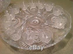 Vintage LE Smith Glass Pinwheel & Stars Punch Bowl Underplate & Cups & Ladle Set