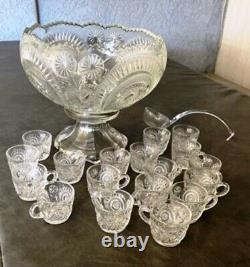Vintage LE Smith Glass Pinwheel & Stars Slewed Horseshoe Punch Bowl Set