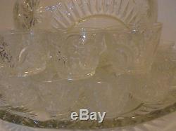 Vintage LE Smith Glass Slewed Horseshoe Punch Bowl Under Plate & 24 Cups Set