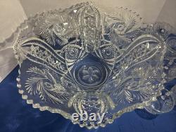 Vintage LE Smith Large Glass Punch Bowl 14x6.5 And 11 Cup Set Pinwheel Stars