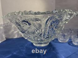 Vintage LE Smith Large Glass Punch Bowl 14x6.5 And 11 Cup Set Pinwheel Stars