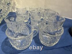 Vintage LE Smith Large Glass Punch Bowl 14x6.5 And 11 Cup Set Pinwheel Stars