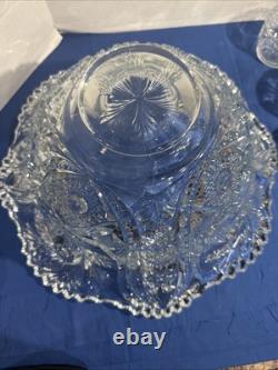 Vintage LE Smith Large Glass Punch Bowl 14x6.5 And 11 Cup Set Pinwheel Stars
