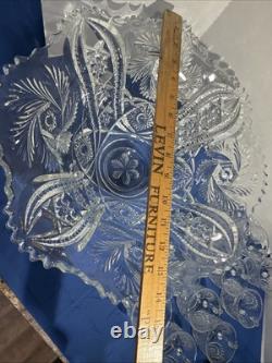 Vintage LE Smith Large Glass Punch Bowl 14x6.5 And 11 Cup Set Pinwheel Stars