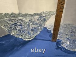 Vintage LE Smith Large Glass Punch Bowl 14x6.5 And 11 Cup Set Pinwheel Stars