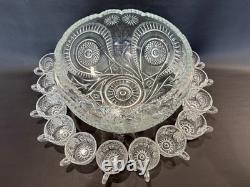 Vintage LE Smith Pinwheel & Star Glass Punch Bowl Set 12 Cups Ladle 16 Pc