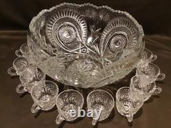 Vintage LE Smith Pinwheel & Stars Slewed Horseshoe Punch Bowl Set 10 Cups