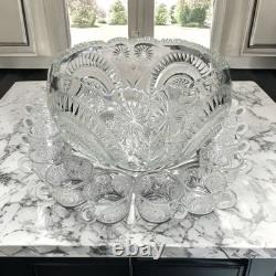 Vintage LE Smith Pinwheel & Stars Slewed Horseshoe Punch Bowl Set 12 Cups