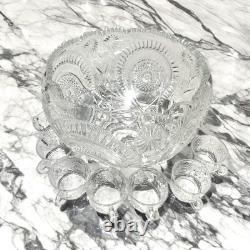Vintage LE Smith Pinwheel & Stars Slewed Horseshoe Punch Bowl Set 12 Cups
