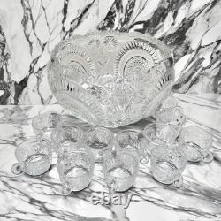 Vintage LE Smith Pinwheel & Stars Slewed Horseshoe Punch Bowl Set 12 Cups
