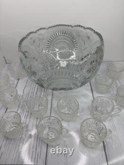 Vintage LE Smith Pinwheel & Stars Slewed Horseshoe Punch Bowl Set 12 Cups 12