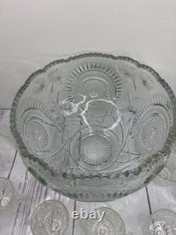 Vintage LE Smith Pinwheel & Stars Slewed Horseshoe Punch Bowl Set 12 Cups 12