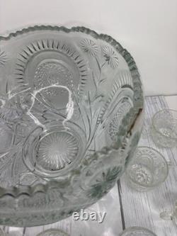 Vintage LE Smith Pinwheel & Stars Slewed Horseshoe Punch Bowl Set 12 Cups 12