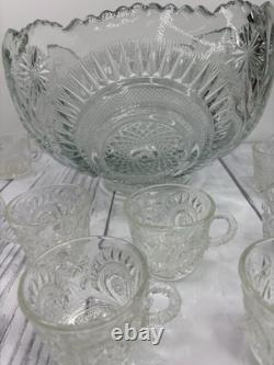 Vintage LE Smith Pinwheel & Stars Slewed Horseshoe Punch Bowl Set 12 Cups 12