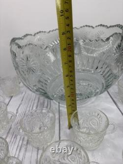 Vintage LE Smith Pinwheel & Stars Slewed Horseshoe Punch Bowl Set 12 Cups 12