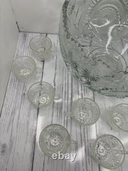 Vintage LE Smith Pinwheel & Stars Slewed Horseshoe Punch Bowl Set 12 Cups 12