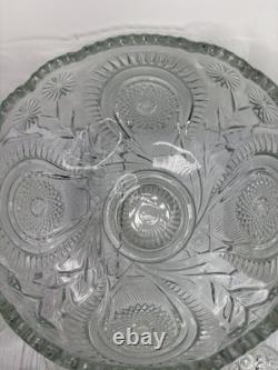 Vintage LE Smith Pinwheel & Stars Slewed Horseshoe Punch Bowl Set 12 Cups 12