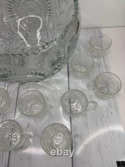 Vintage LE Smith Pinwheel & Stars Slewed Horseshoe Punch Bowl Set 12 Cups 12
