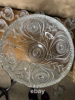 Vintage LE Smith Pinwheel and Stars Punch Bowl 17 Cups (5 Cut Handles)