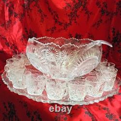 Vintage LE Smith Pinwheels & Stars Press Cut Glass Punch Bowl Set with 24 Cups