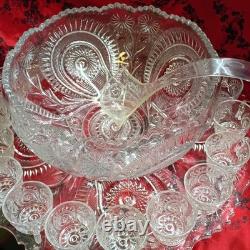 Vintage LE Smith Pinwheels & Stars Press Cut Glass Punch Bowl Set with 24 Cups