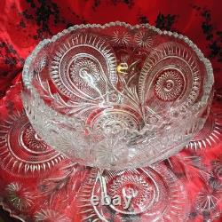 Vintage LE Smith Pinwheels & Stars Press Cut Glass Punch Bowl Set with 24 Cups
