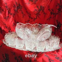 Vintage LE Smith Pinwheels & Stars Press Cut Glass Punch Bowl Set with 24 Cups
