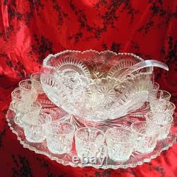 Vintage LE Smith Pinwheels & Stars Press Cut Glass Punch Bowl Set with 24 Cups