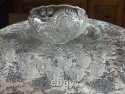 Vintage LE Smith Punch Bowl 14 Piece Set Cut Glass With Bowl, Cups, Base, EUC