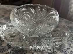 Vintage LE Smith Punch Bowl 14 Piece Set Cut Glass With Bowl, Cups, Base, EUC